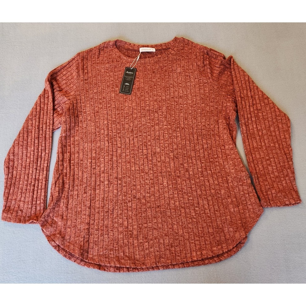 Fantaslook Womens 2XL Rust Ribbed Knit Sweater Top Long Sleeve Pullover NWT
